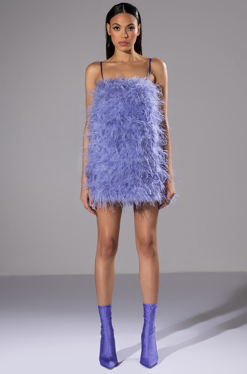ANYTHING AND EVERYTHING STRAPLESS FEATHER MINI DRESS