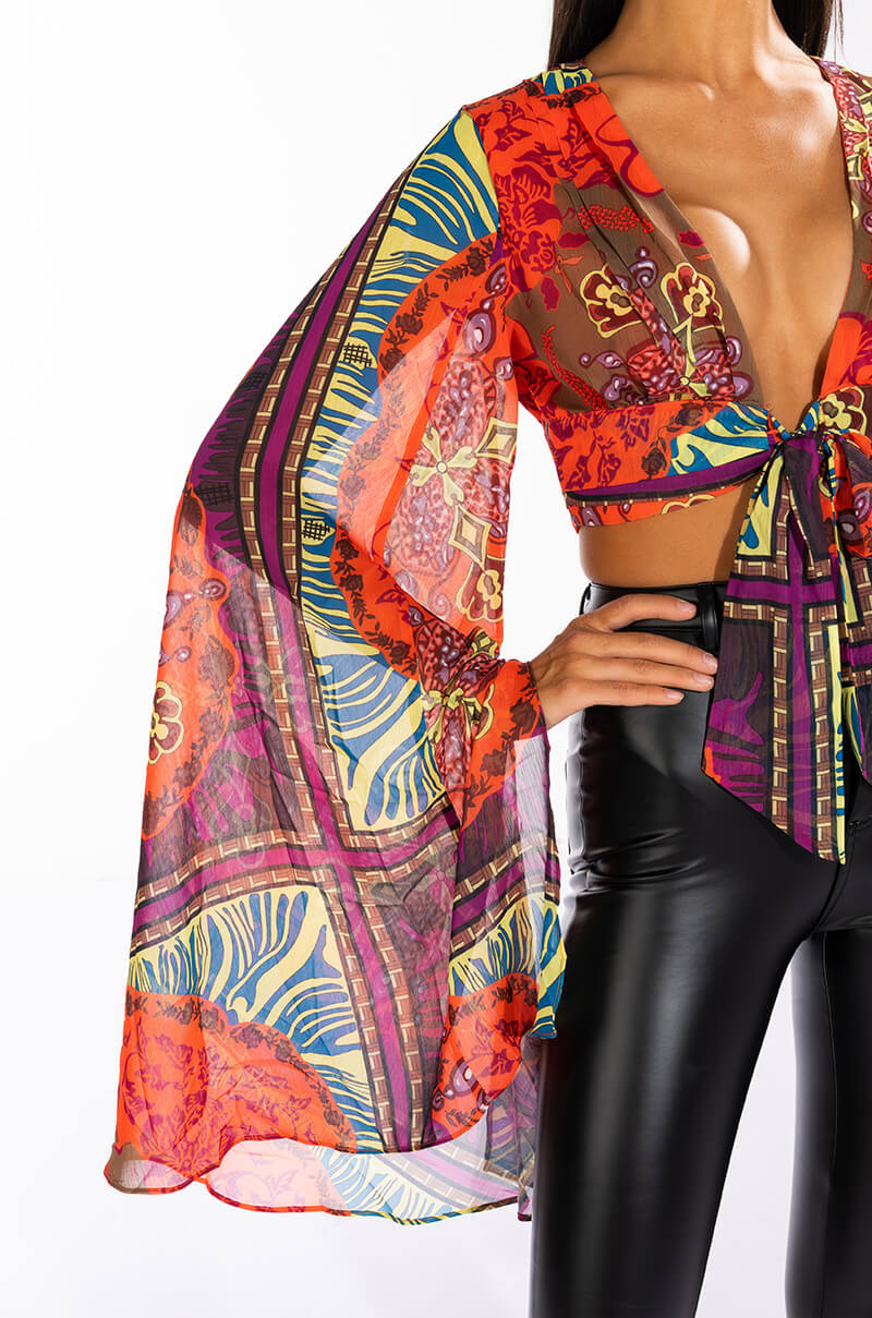 ANYWHERE I GO CROPPED TIE FRONT CHIFFON BLOUSE