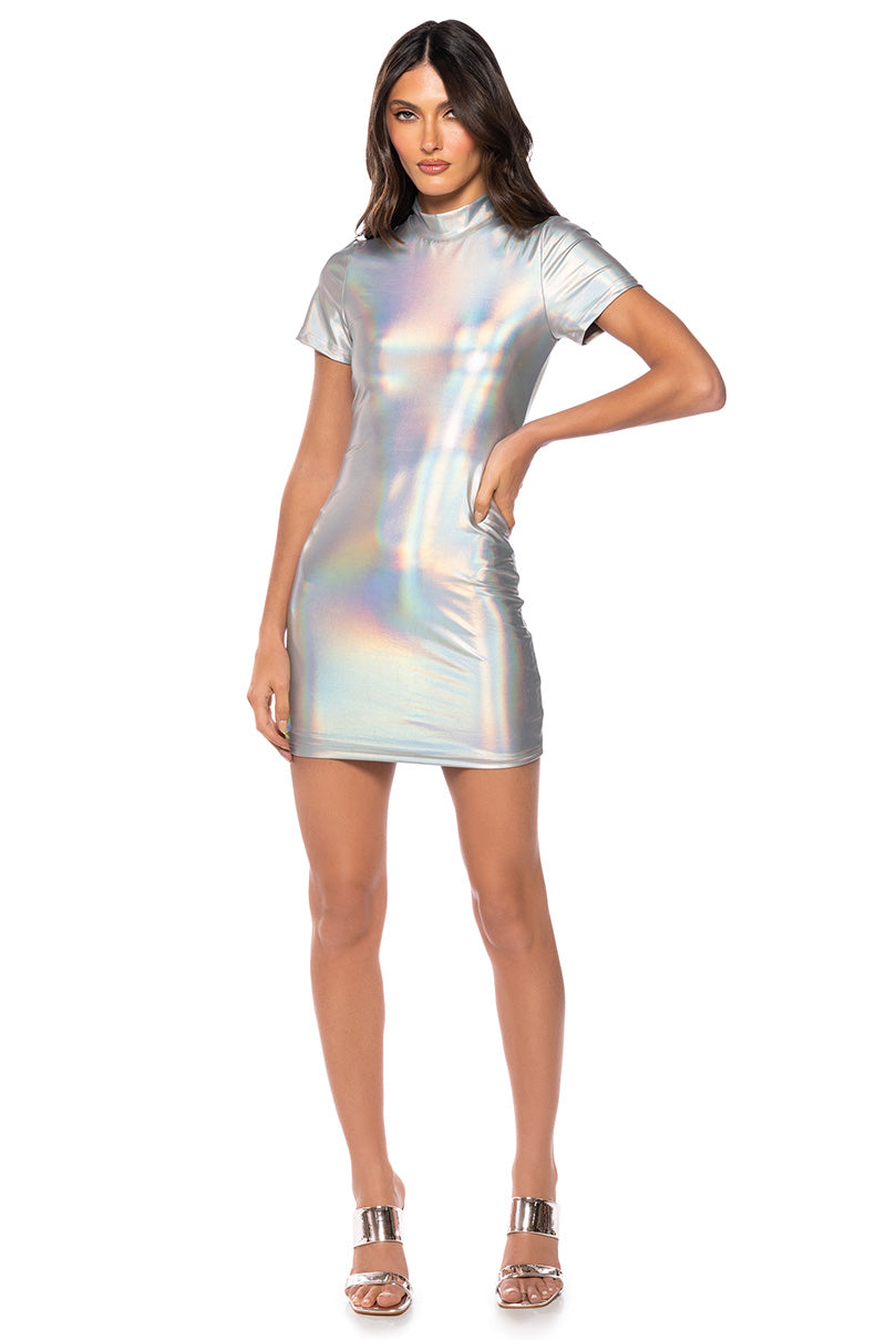 ASTRID MOCK NECK SHORT SLEEVE METALLIC MINI DRESS