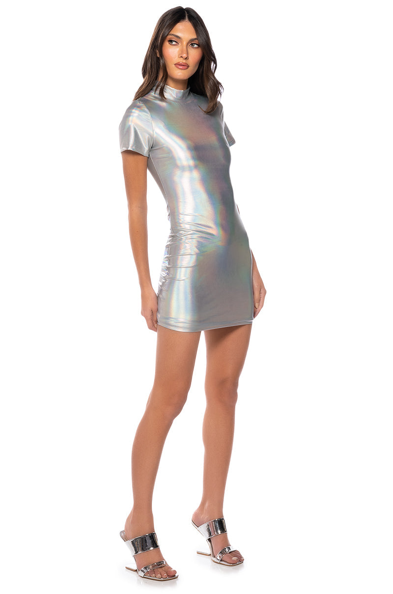 ASTRID MOCK NECK SHORT SLEEVE METALLIC MINI DRESS