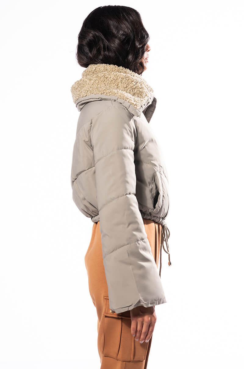 AMANDA CROP PUFFER WITH SHERPA COLLAR
