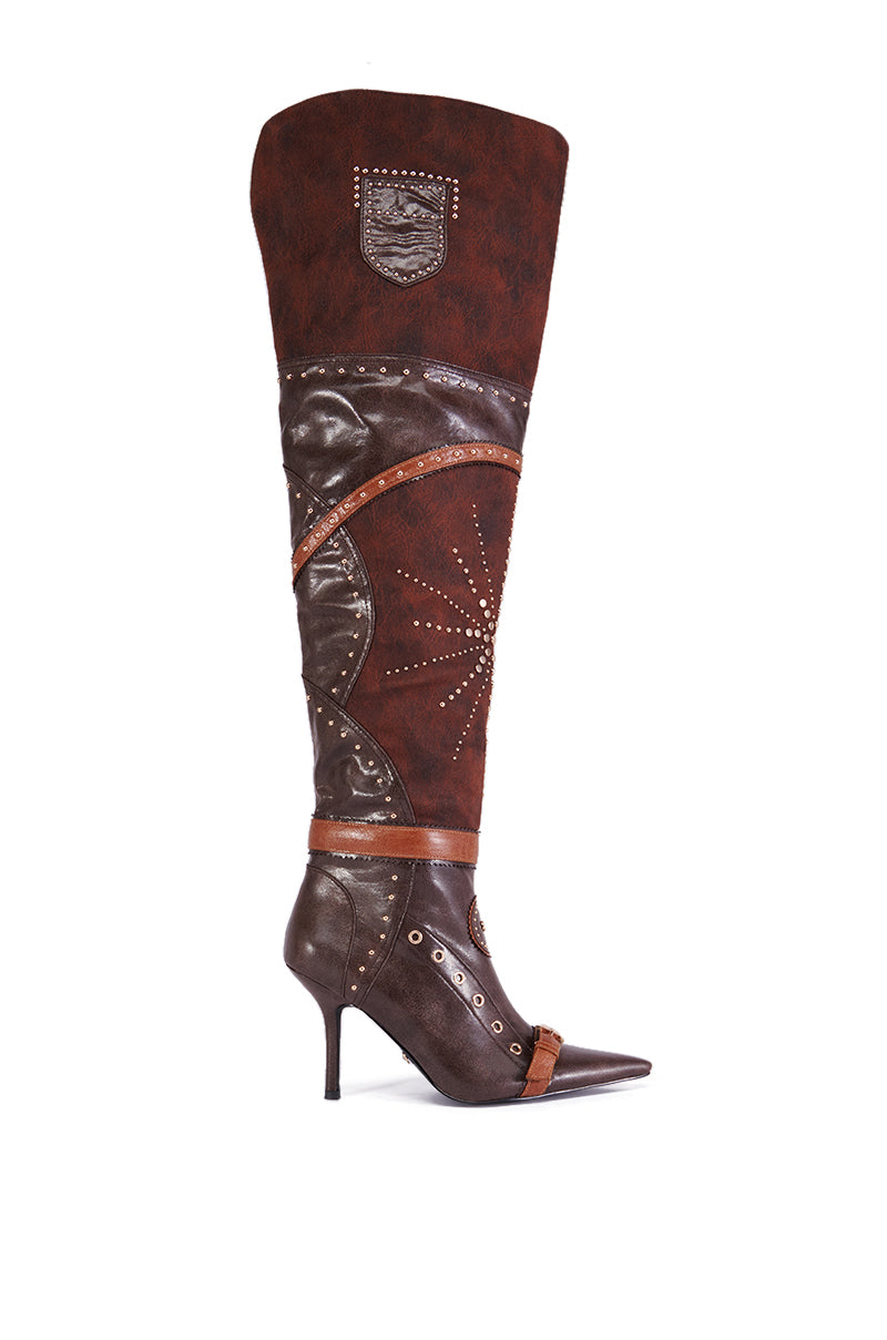 AZALEA WANG CHOCOCAT BROWN MULTI FAUX LEATHER EMBELLISHED BOOT