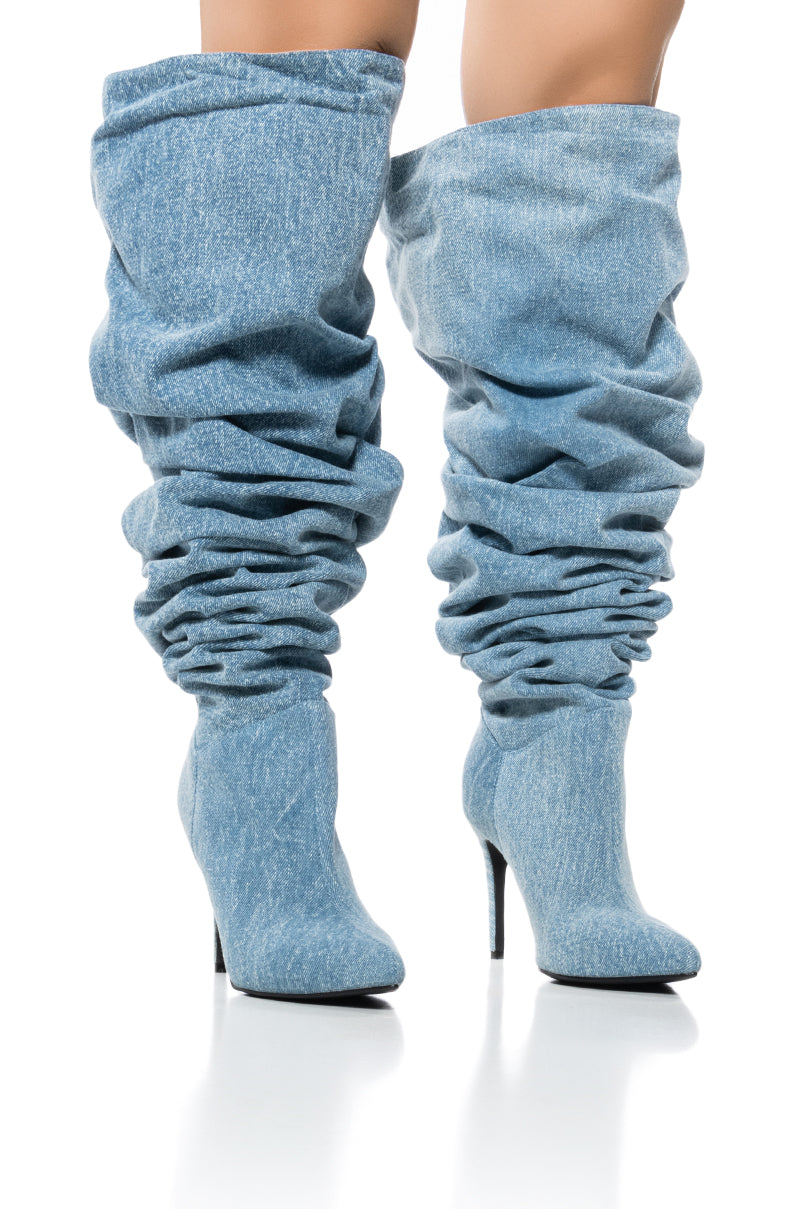 AZALEA WANG OCTAGON DENIM OVER THE KNEE SLOUCH BOOT