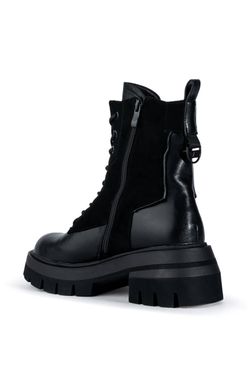 AZALEA WANG PHOEBE FLATFORM BLING COMBAT BOOT IN BLACK
