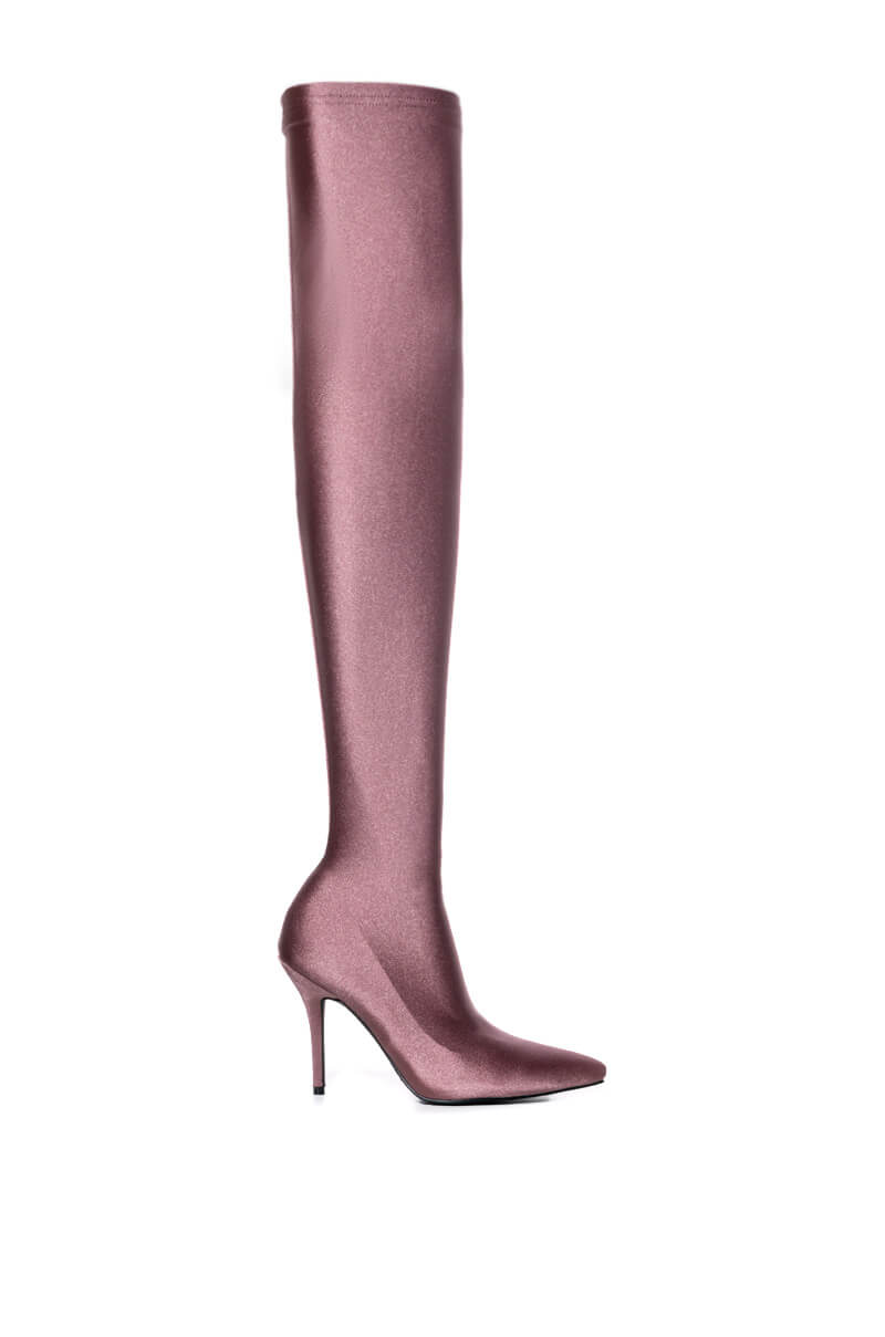 AZALEA WANG HEARTOUT THIGH HIGH STILETTO BOOT IN TAUPE STRETCH