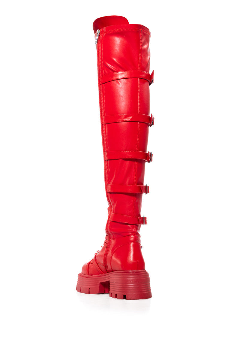 AZALEA WANG TAKE FIVE RED OVER THE KNEE LACE UP BOOT