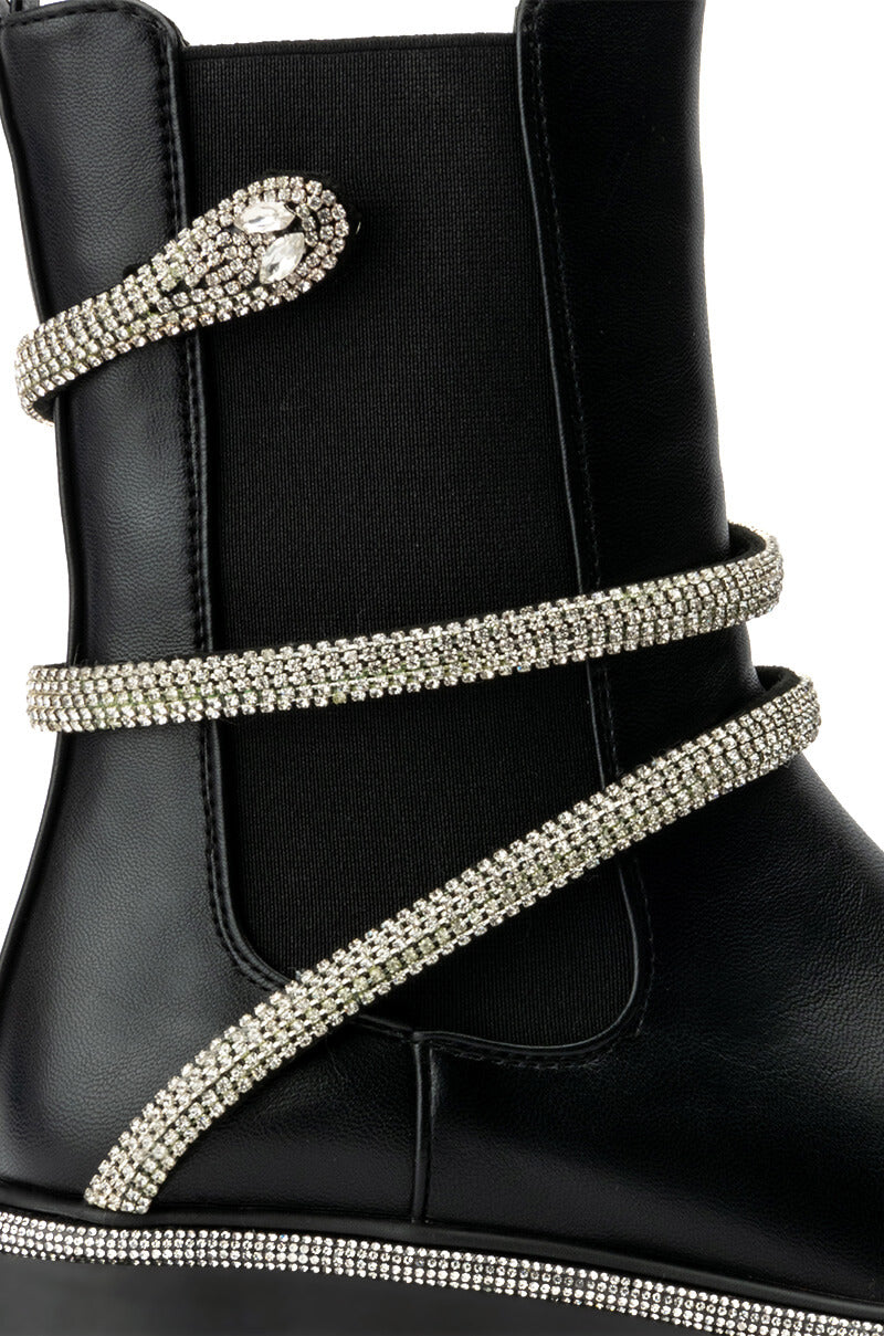 AZALEA WANG VIENNA DIAMOND SNAKE FLATFORM BOOTIE IN BLACK