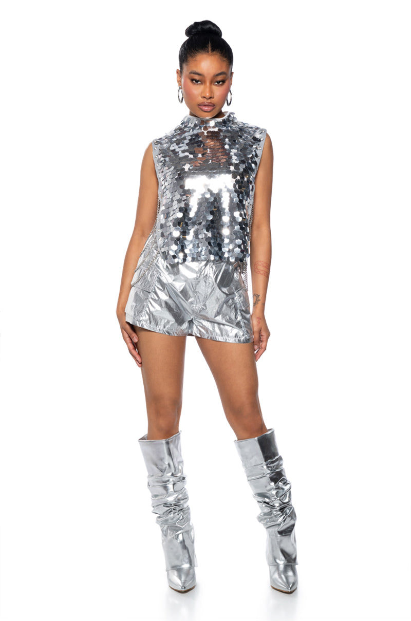 BORN THAT WAY SEQUIN OPEN SIDES MOCK NECK TOP