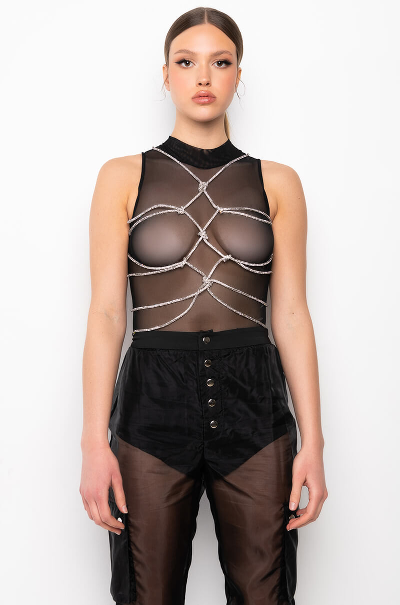 BOUT TIME RHINESTONE CHAIN SLEEVELESS MOCK NECK MESH BODYSUIT