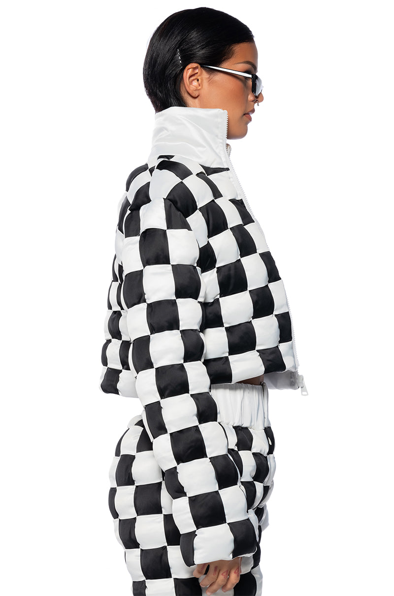 CHECK MATE WOVEN CROP BOMBER