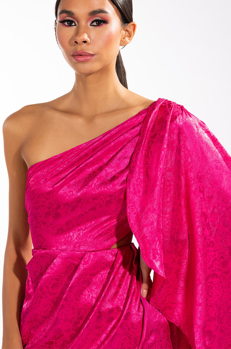 COME ON IT ONE SHOULDER CASCADING SATIN MINI DRESS
