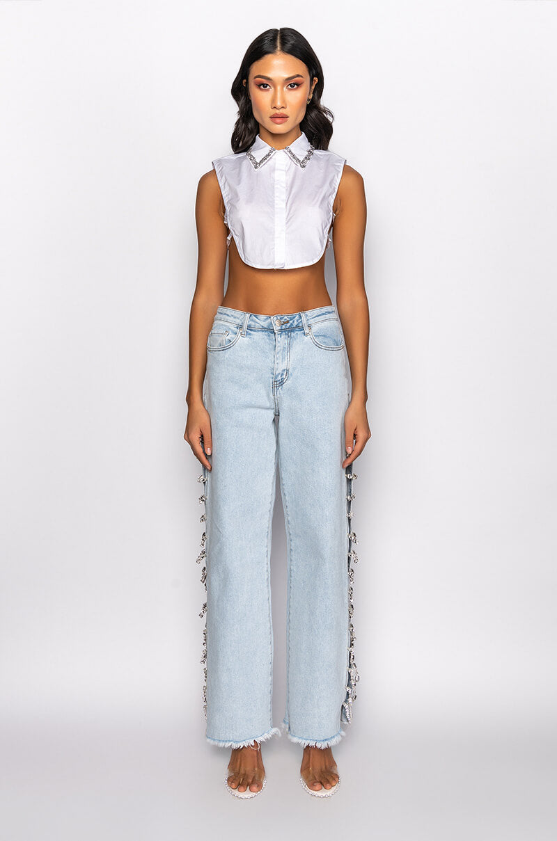 ASTRID RHINESTONE SLEEVELESS BUTTON DOWN