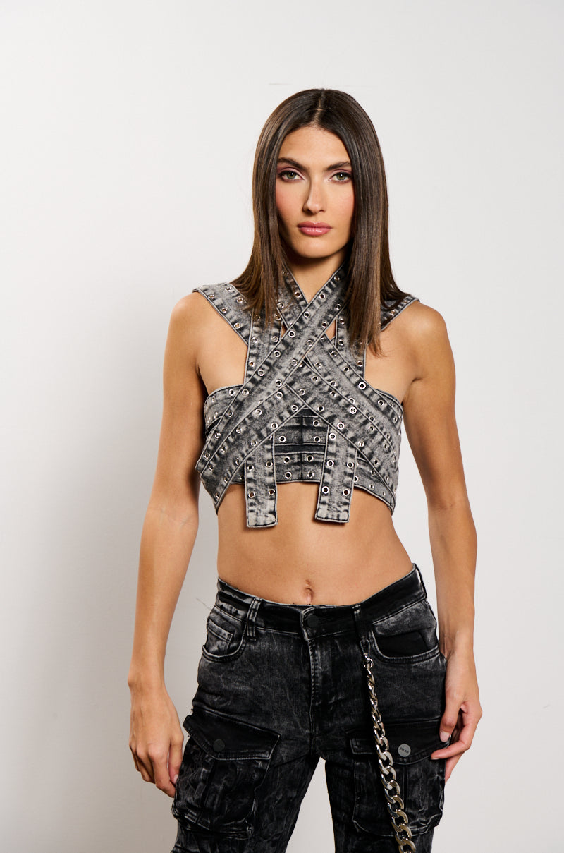 DONITA DENIM HALTER NECK CROP TOP