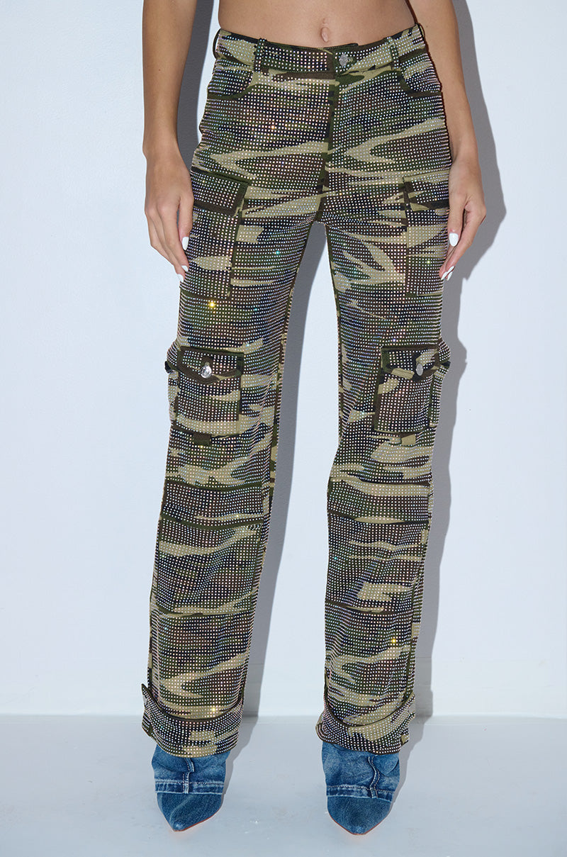 DOWN AND DIRTY CAMO WIDE LEG RHINESTONE CARGO PANT