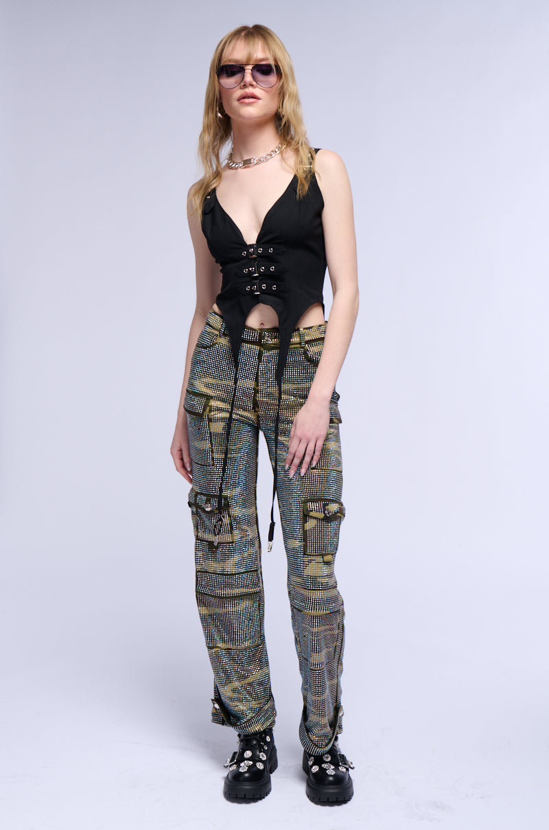 DOWN AND DIRTY CAMO WIDE LEG RHINESTONE CARGO PANT