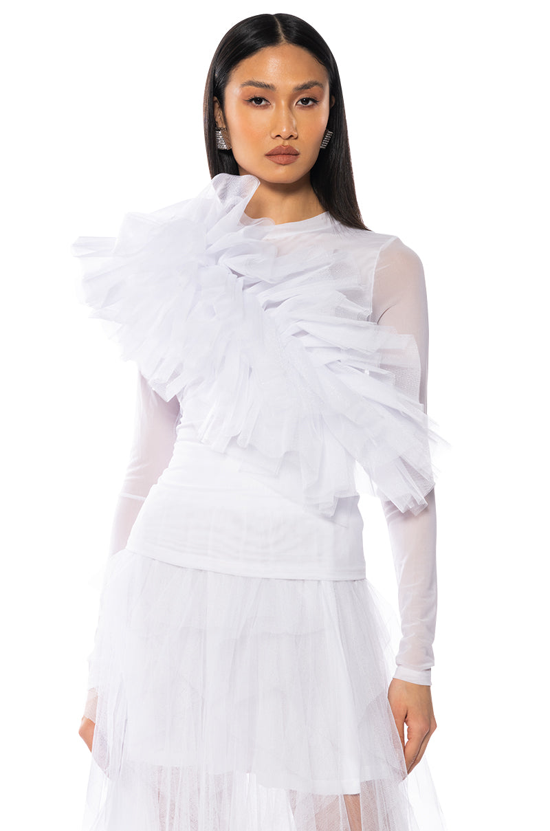 DRAMATIC RUFFLE DETAIL MESH LONG SLEEVE TOP