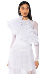DRAMATIC RUFFLE DETAIL MESH LONG SLEEVE TOP