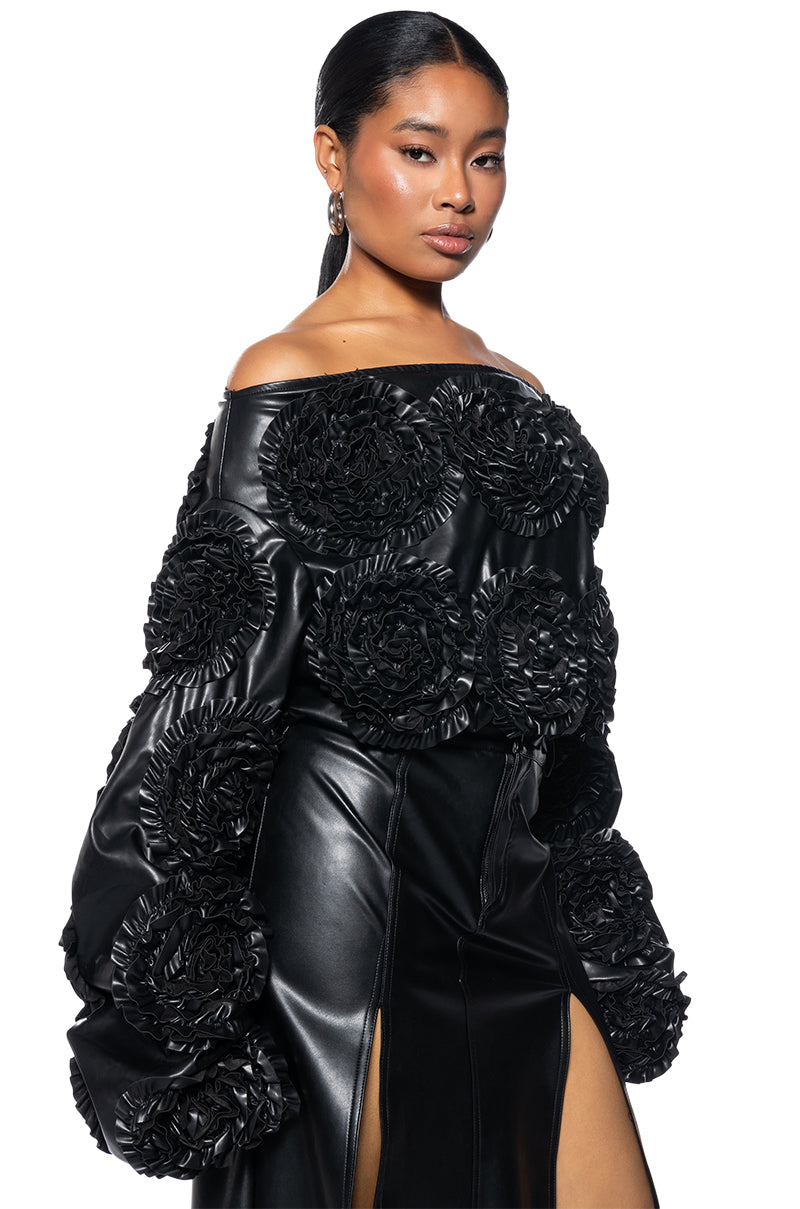 EASY FAUX LEATHER OFF THE SHOULDER SWEATSHIRT